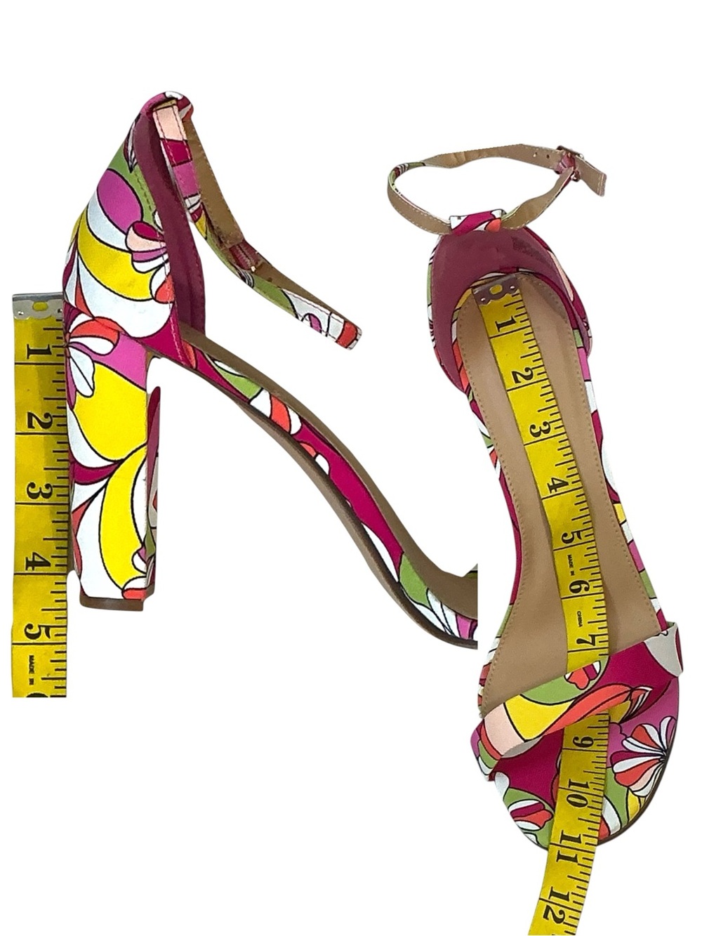 JustFab Sandal Block Heel Bold Floral Lorelai 4” High Heel Pink Green Size 11 - Picture 4 of 16